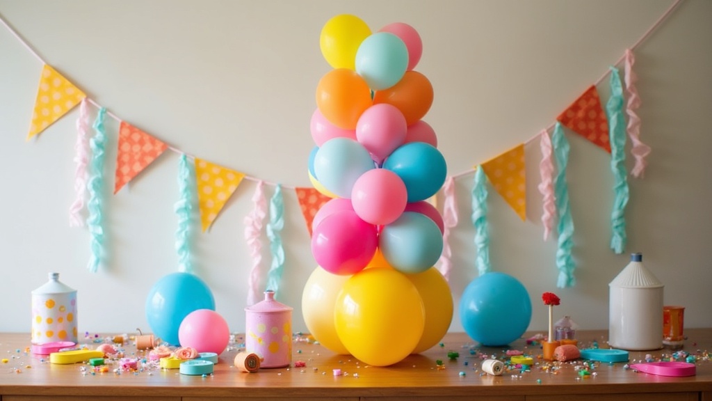 colorful DIY balloon tower stand with party decorations and streamers on a table